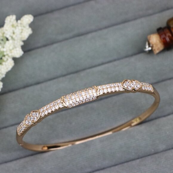 Rose Gold Bangle with Leaf Motif and Sparkling Stone Detailing, XPBL0559 - Picture 1 of 12